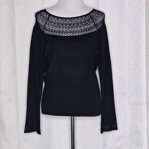 White House Black Market Sheer Black Lace & Beaded Long Flared Sleeve Sweater
